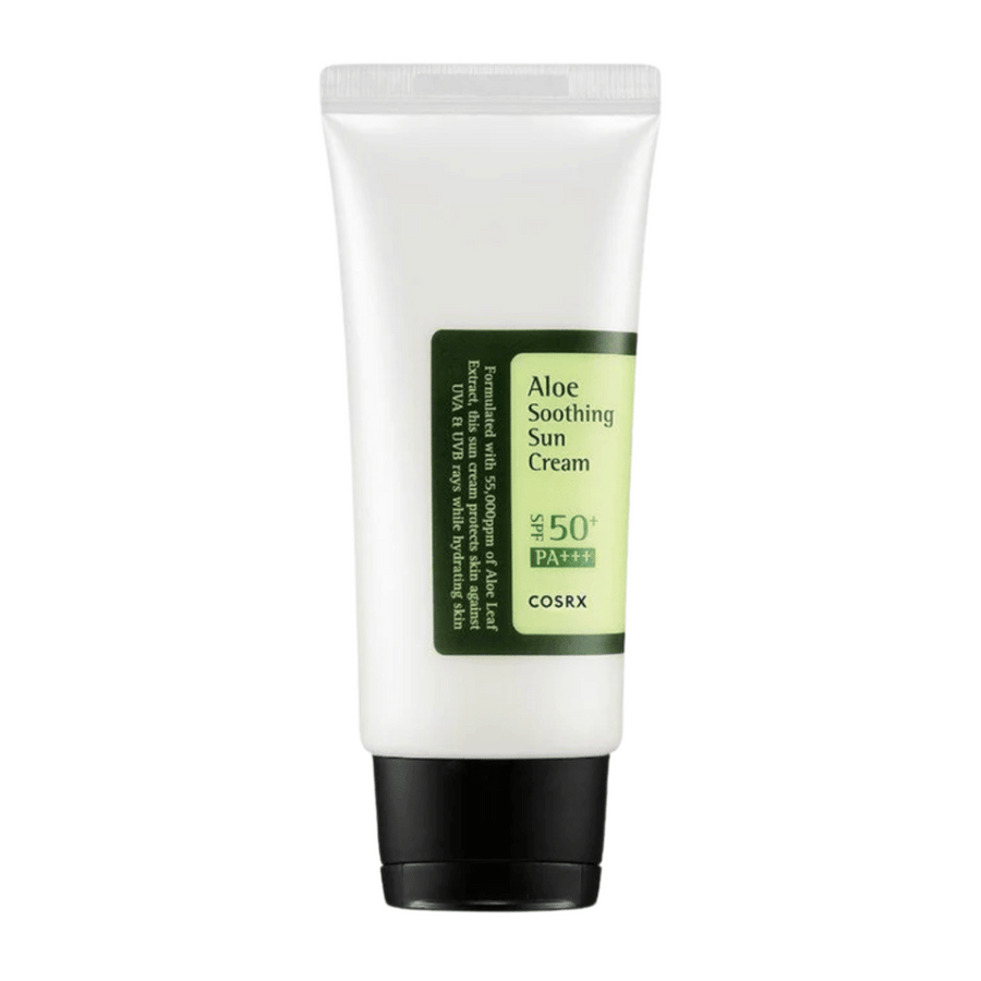 COSRX Aloe Soothing Sun Cream SPF 50+ PA+++ i vit tub med svart kork – solkräm med aloe vera som skyddar och lugnar huden.