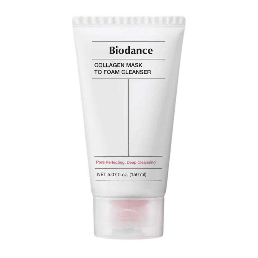 Produktbild på Biodance Collagen Mask to Foam Cleanser i vit tub med svart text och rosa detaljer. Rymmer 150 ml och marknadsförs som djuprengörande och porförbättrande.