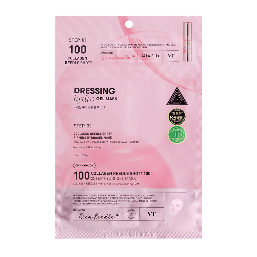 Förpackning av VT Collagen Reedle Shot 100 2-Step Hydrogel Mask i rosa design. Visar steg 1 med Cica Reedle™ och steg 2 med firmande hydrogelmask innehållande CICAHYALON™ och 500Da kollagenextrakt.