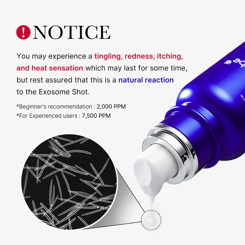 Observera att användning av Medicube One Day Exosome Shot Pore Ampoule 2000 kan orsaka stickningar, rodnad, klåda och värmekänsla. Detta är en naturlig reaktion på exosomkomponenten. Rekommenderad dos: Nybörjare 2 000 PPM, erfarna användare 7 500 PPM.