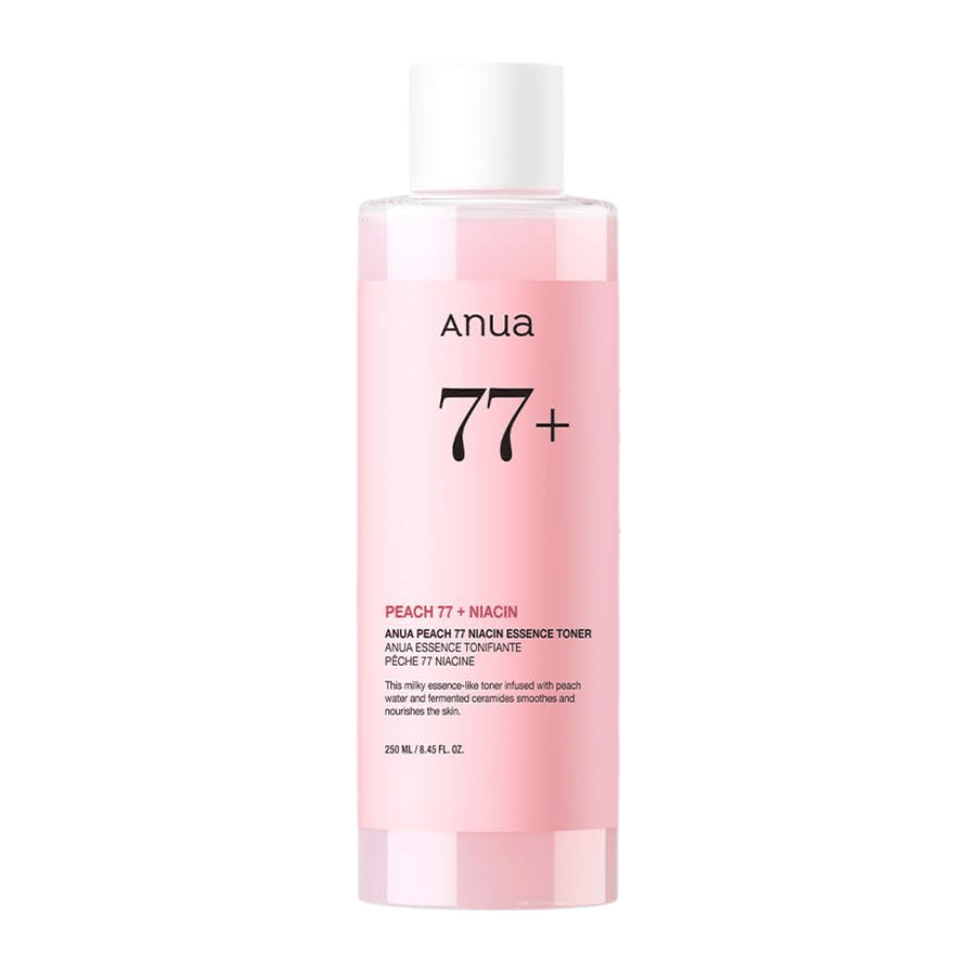 Anua Peach 77 Niacin Essence Toner i en genomskinlig rosa flaska med vit kork, innehållandes 250 ml milky toner för jämnare hudton och lyster.