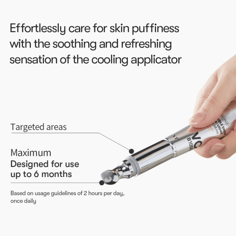 VT Reedle Shot Vita-Light Eye Cream med kylande applikator som minskar svullnad och ger en uppfriskande känsla vid användning runt ögonen.