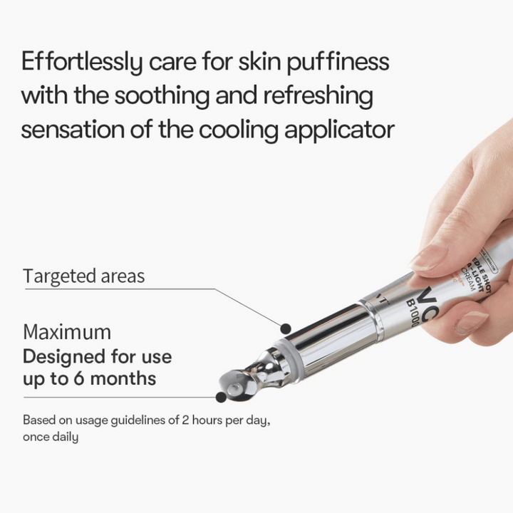 VT Reedle Shot Vita-Light Eye Cream med kylande applikator som minskar svullnad och ger en uppfriskande känsla vid användning runt ögonen.