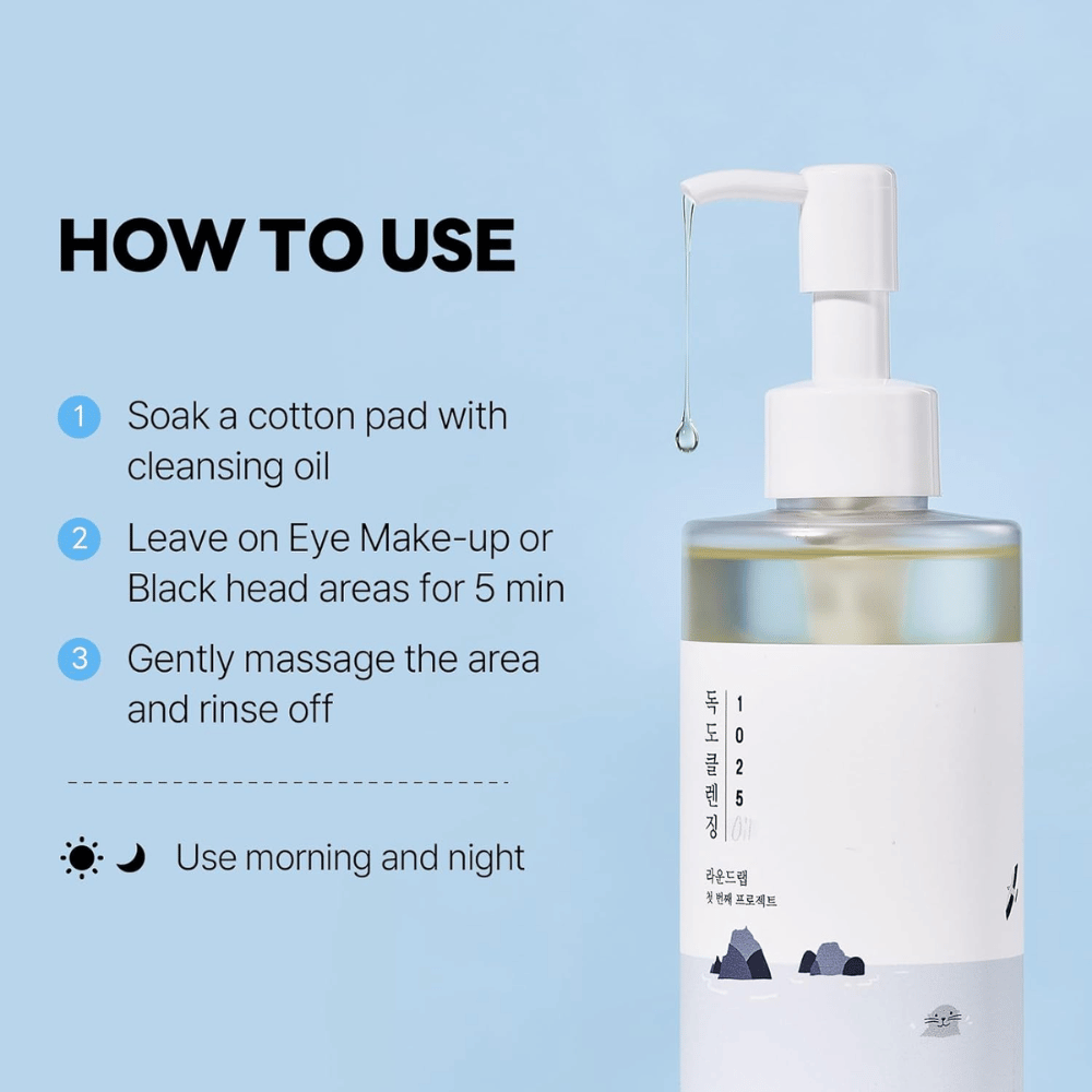 Round Lab 1025 Dokdo Cleansing Oil που διαλύει αποτελεσματικά το μακιγιάζ, το αντηλιακό και τους ρύπους με ελαφριά και ενυδατική υφή λαδιού