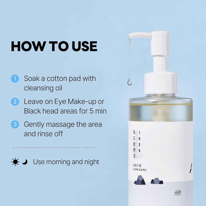 Round Lab 1025 Dokdo Cleansing Oil που διαλύει αποτελεσματικά το μακιγιάζ, το αντηλιακό και τους ρύπους με ελαφριά και ενυδατική υφή λαδιού