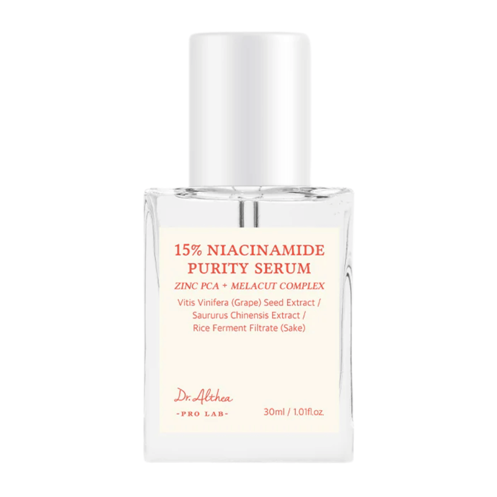 Dr. Althea 15% Niacinamide Purity Serum είναι ένας προηγμένος ορός που συνδυάζει 15% νιασιναμίδη με Zinc PCA και MELACUT COMPLEX για να φωτίζει, να μειώνει τους πόρους και να βελτιώνει την υφή του δέρματος. Ιδανικό για μια λαμπερή και ομοιόμορφη απόχρωση δέρματος.