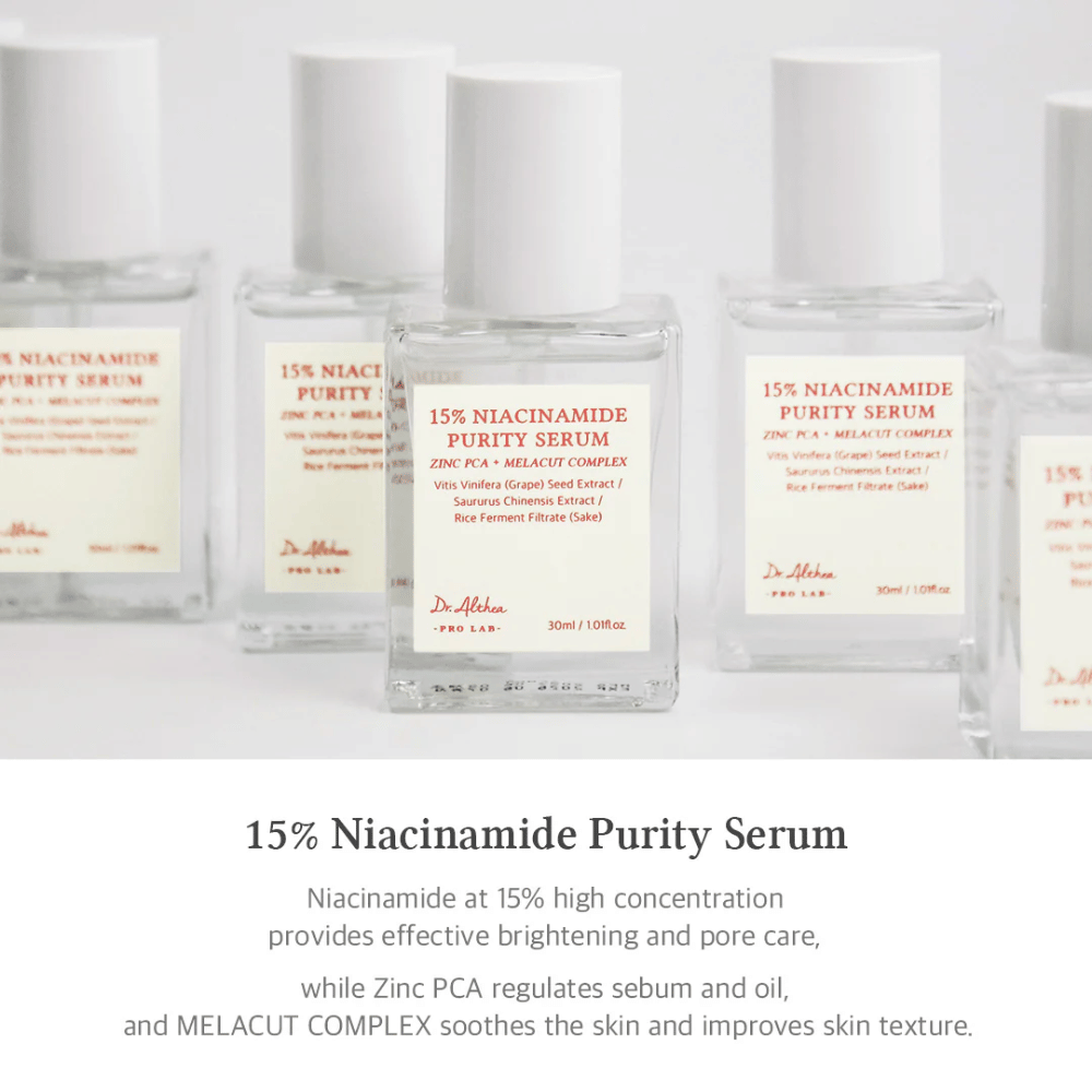 Dr. Althea 15% Niacinamide Purity Serum με υψηλή συγκέντρωση νιασιναμίδης για φωτεινότερο δέρμα και μείωση των πόρων. Περιέχει Zinc PCA για ρύθμιση του σμήγματος και MELACUT COMPLEX για να καταπραΰνει το δέρμα και να βελτιώνει την υφή. Κομψή συσκευασία για επαγγελματική εντύπωση.