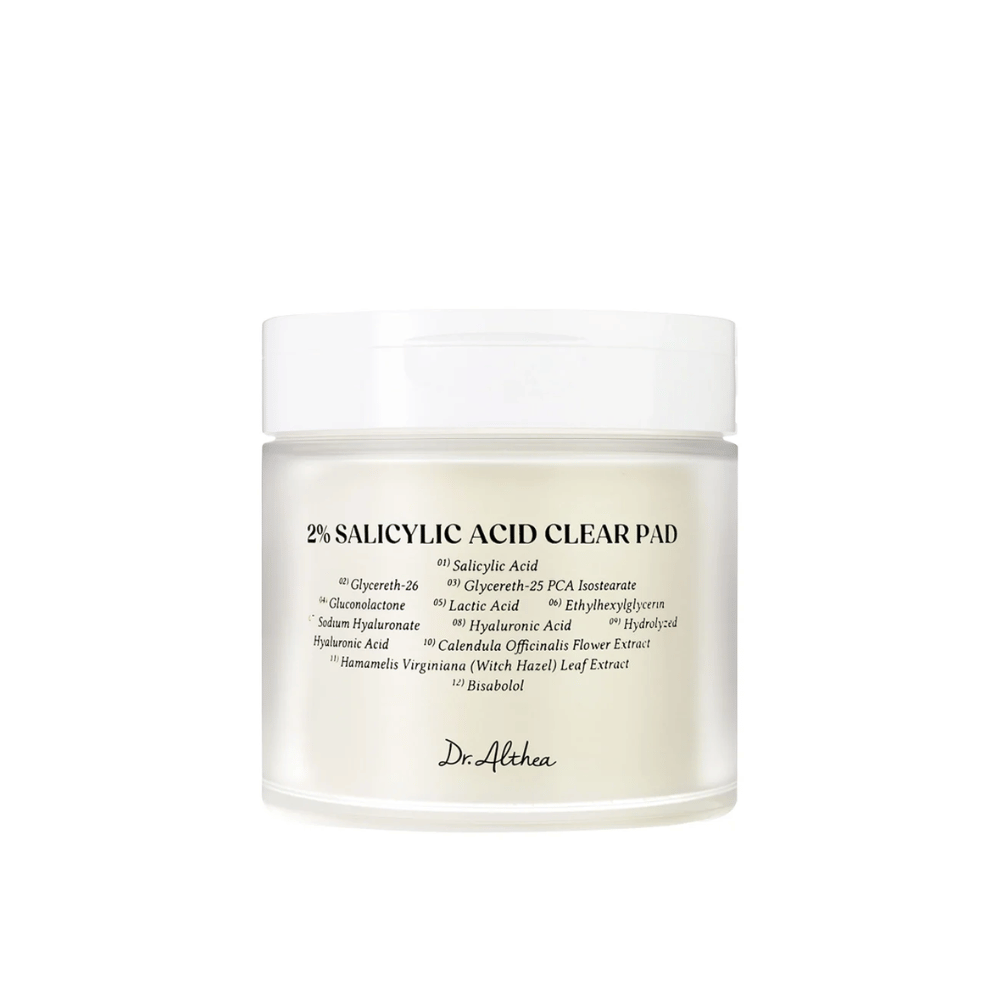 Εικόνα προϊόντος από Dr. Althea 2% Salicylic Acid Clear Pad σε λευκό φόντο. Απολεπιστικά pads για δέρμα με τάση ακμής και λιπαρό δέρμα με σαλικυλικό οξύ και καταπραϋντικά συστατικά.