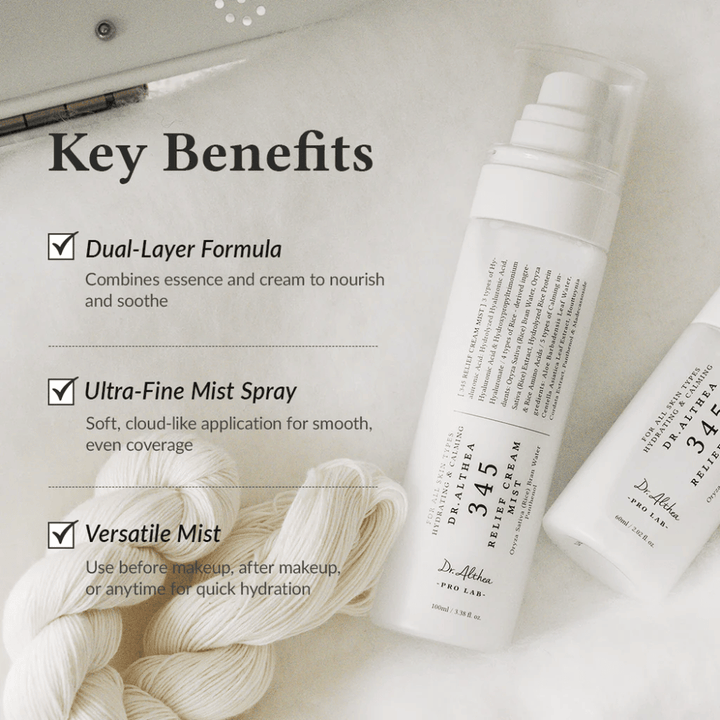 Dr. Althea 345 Relief Cream Mist με έμφαση στα οφέλη όπως η φόρμουλα διπλού στρώματος, το εξαιρετικά λεπτό σπρέι και η πολυχρηστική χρήση για γρήγορη και ομοιόμορφη ενυδάτωση.