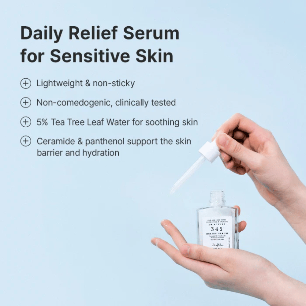 Dr. Althea 345 Relief Serum με κεραμίδια, πανθενόλη και νερό tea tree για ευαίσθητη επιδερμίδα και ενυδάτωση μεγάλης διάρκειας.