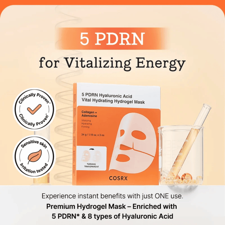 COSRX 5 PDRN Vital Hydrating Hydrogel Mask με υαλουρονικό οξύ και κολλαγόνο, κλινικά δοκιμασμένη για λάμψη, πιο σφριγηλή επιδερμίδα και βελτιωμένο φραγμό του δέρματος