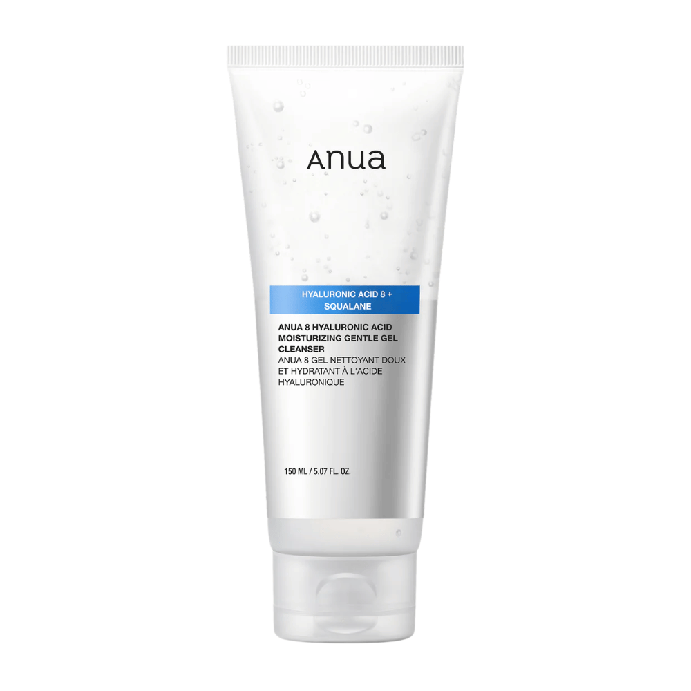 Εικόνα προϊόντος στο Anua 8 Hyaluronic Acid Moisturizing Gentle Gel Cleanser σε λευκό σωλήνα. Απαλό καθαριστικό τζελ που ενισχύει το φράγμα υγρασίας του δέρματος και παρέχει απαλό, ισορροπημένο δέρμα.
