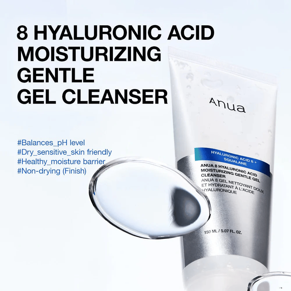 Anua 8 Hyaluronic Acid Moisturizing Gentle Gel Cleanser 150 ml σε μπλε φόντο. Απαλό καθαριστικό τζελ με squalane που ενυδατώνει και είναι κατάλληλο για ευαίσθητο δέρμα.
