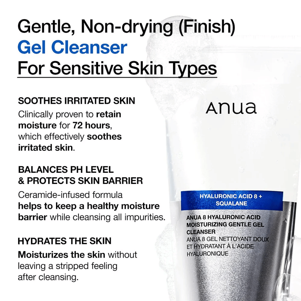 Anua 8 Hyaluronic Acid Moisturizing Gentle Gel Cleanser με κείμενο που αναδεικνύει τα χαρακτηριστικά του προϊόντος: ενυδατώνει για 72 ώρες, ισορροπεί το pH και προστατεύει το φράγμα του δέρματος.