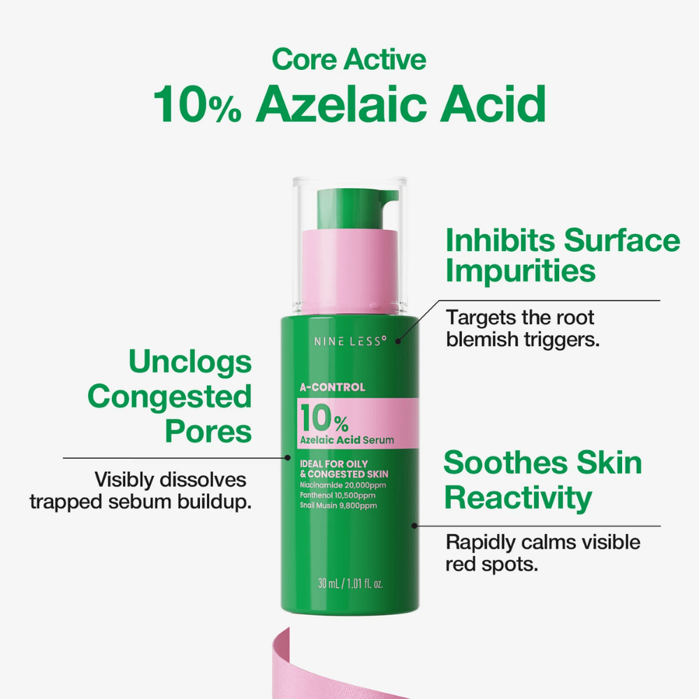NINELESS Το serum A-Control με 10% αζελαϊκό οξύ βοηθά στην αντιμετώπιση των φραγμένων πόρων, των ατελειών και της ορατής ερυθρότητας.