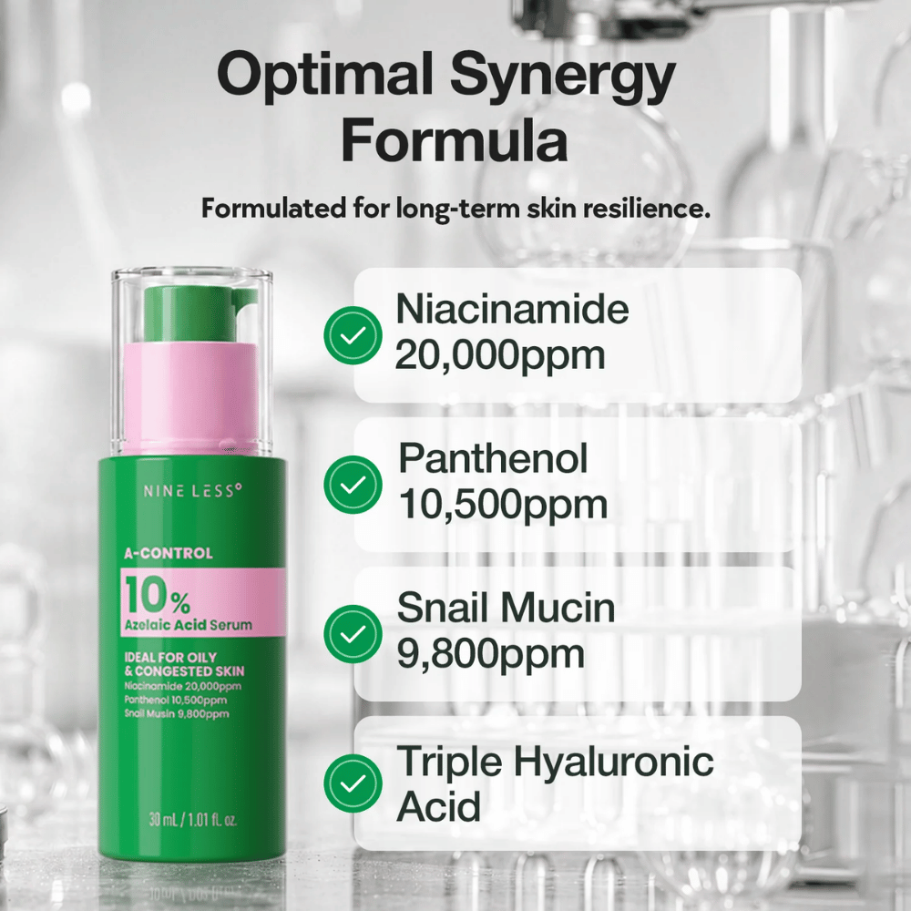 NINELESS A-Control 10% Azelaic Acid Serum με νιασιναμίδη, πανθενόλη, σαλιγκάρι και υαλουρονικό οξύ για ισορροπημένο και ενυδατωμένο δέρμα.