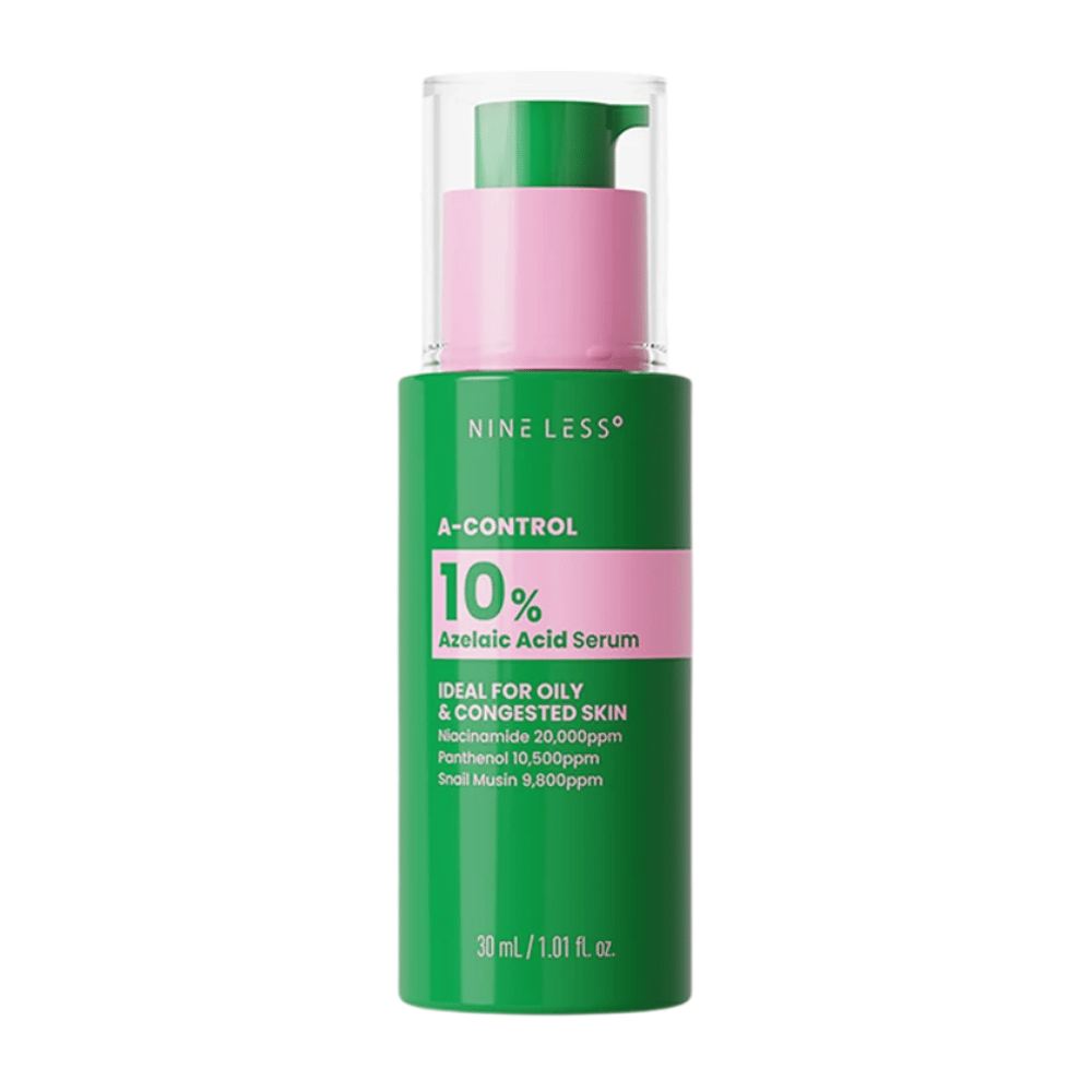 NINELESS A-Control 10% Azelaic Acid Serum 30 ml σε πράσινο μπουκάλι με αντλία για λιπαρό και φραγμένο δέρμα.