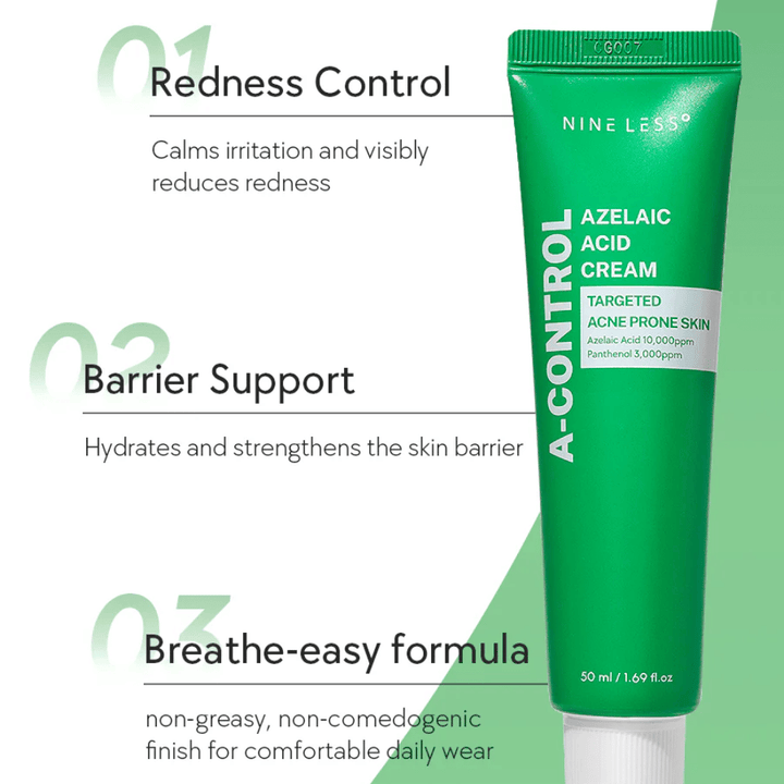 NINELESS A-Control Azelaic Acid Cream – κορεάτικη κρέμα προσώπου με αζελαϊκό οξύ που βοηθά στη μείωση της ερυθρότητας, ενισχύει το δερματικό φραγμό και προσφέρει ένα ελαφρύ, μη λιπαρό τελείωμα.