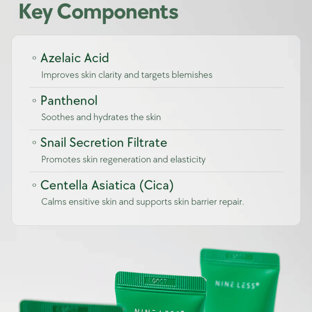 NINELESS A-Control Azelaic Acid Cream συστατικά – κρέμα προσώπου με αζελαϊκό οξύ, πανθενόλη, βλέννα σαλιγκαριού και Centella Asiatica που βοηθά στην καταπράυνση του δέρματος και βελτιώνει τη διαύγεια του δέρματος.