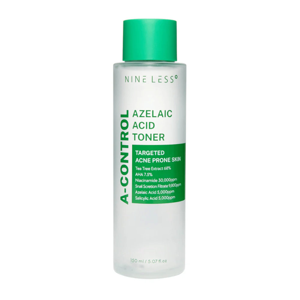 Εικόνα προϊόντος του Nine Less A-Control Azelaic Acid Toner 150 ml σε διάφανο μπουκάλι με πράσινη ετικέτα και πράσινο καπάκι.