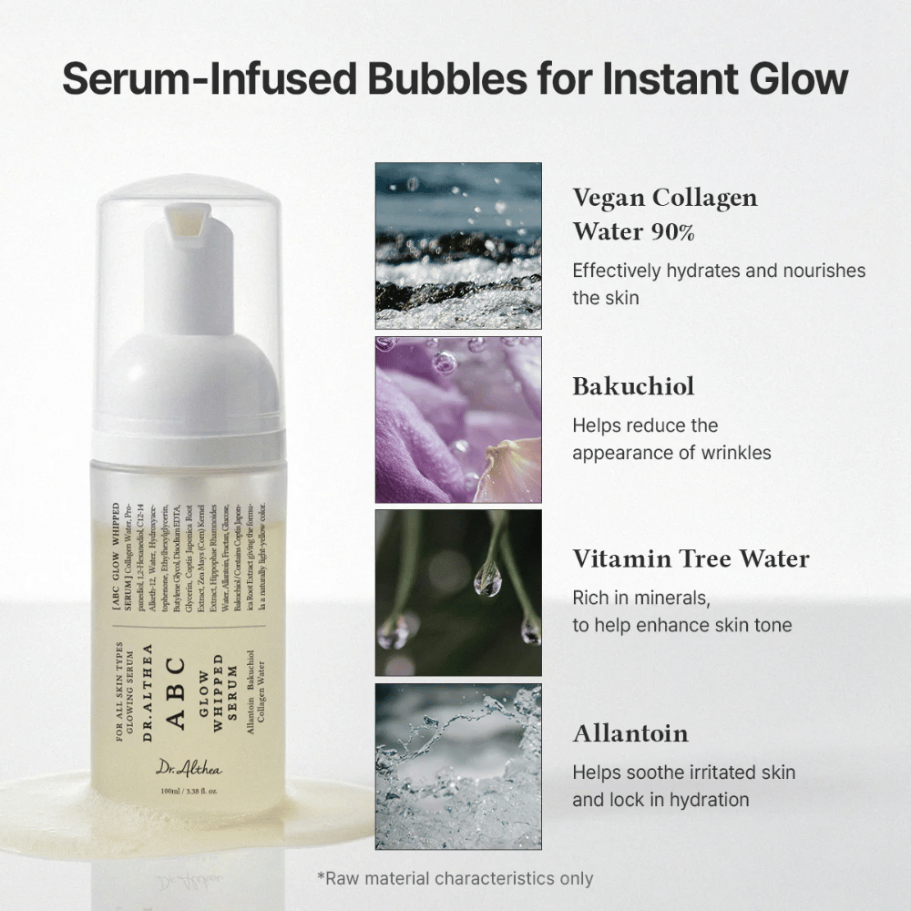Εικόνα – συστατικά (EEAT + κατάταξη)
Dr. Althea ABC Glow Whipped Serum με vegan κολλαγόνο, bakuchiol, vitamin tree water και αλλαντοΐνη που ενυδατώνουν, καταπραΰνουν και βελτιώνουν την υφή της επιδερμίδας.