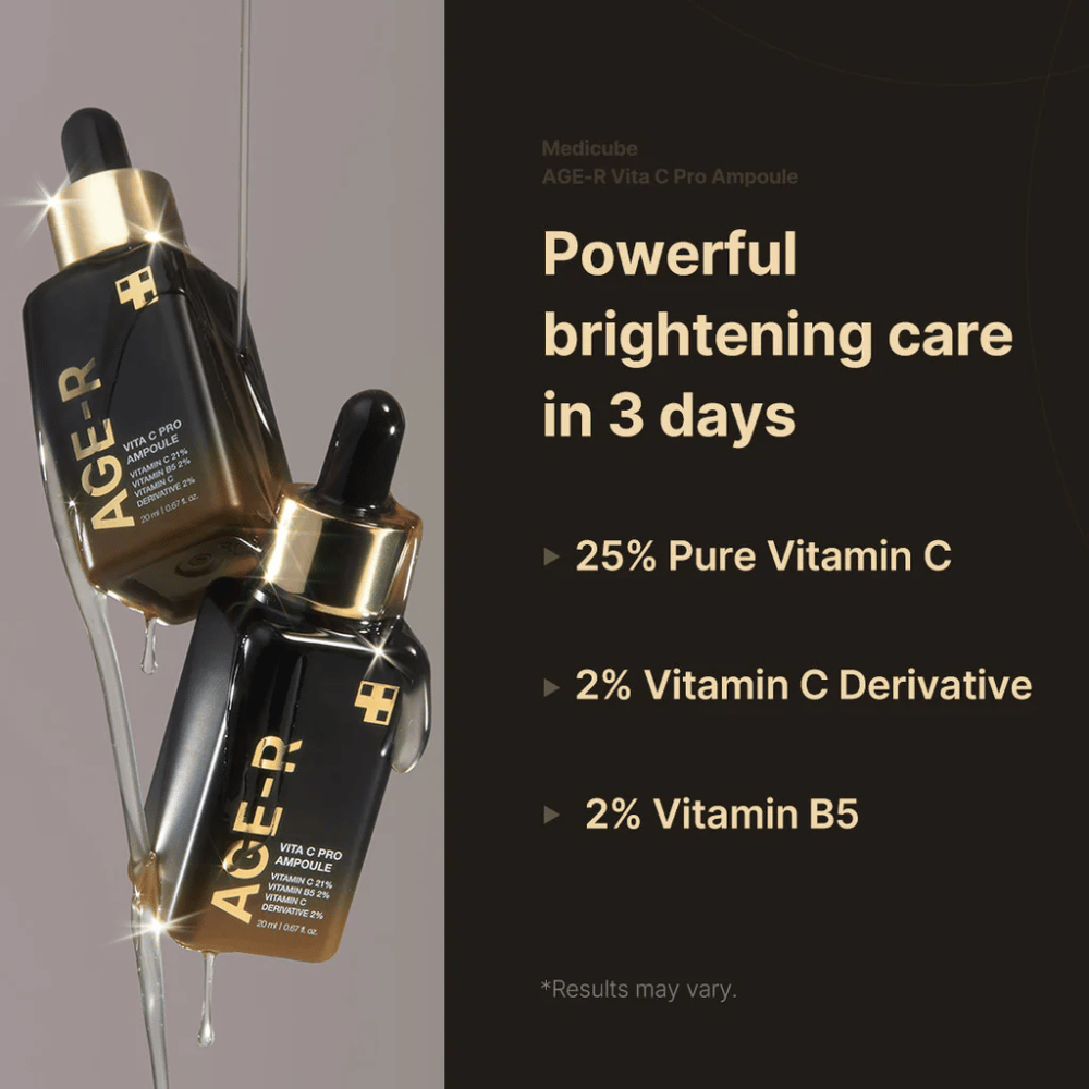 Εικόνα του Medicube Age-R Vita C Pro Ampoule που αναδεικνύει την φωτεινή επίδραση του προϊόντος μέσα σε 3 ημέρες. Το προϊόν περιέχει 25% καθαρή βιταμίνη C, 2% παράγωγο βιταμίνης C και 2% βιταμίνη B5. Τα μπουκάλια εμφανίζονται με χρυσές λεπτομέρειες και πιπέτα για εφαρμογή.