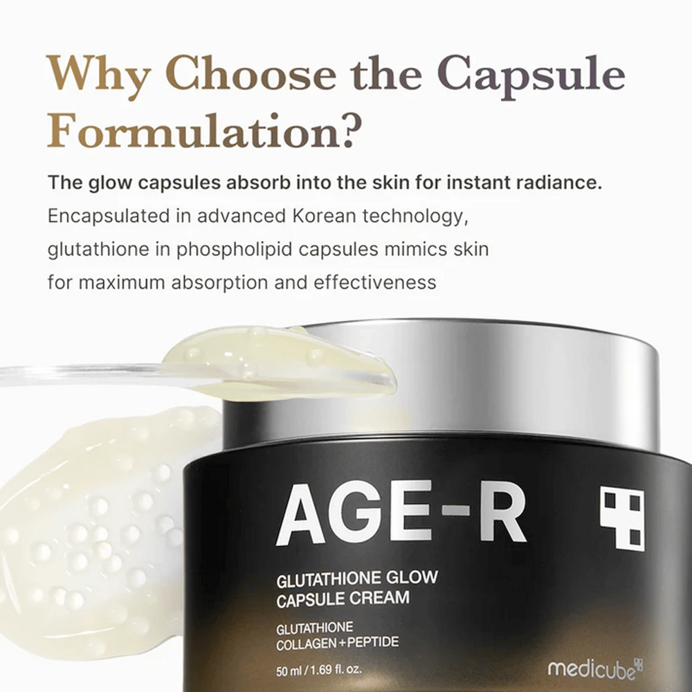Medicube Age-R Glutathione Glow Capsule Cream προωθείται με μια εξήγηση των πλεονεκτημάτων της μορφής κάψουλας. Οι κάψουλες γλουταθειόνης απορροφώνται γρήγορα στο δέρμα για άμεση λάμψη, χάρη στην προηγμένη κορεάτικη τεχνολογία που μιμείται τους δικούς της μηχανισμούς του δέρματος για μέγιστη αποτελεσματικότητα.