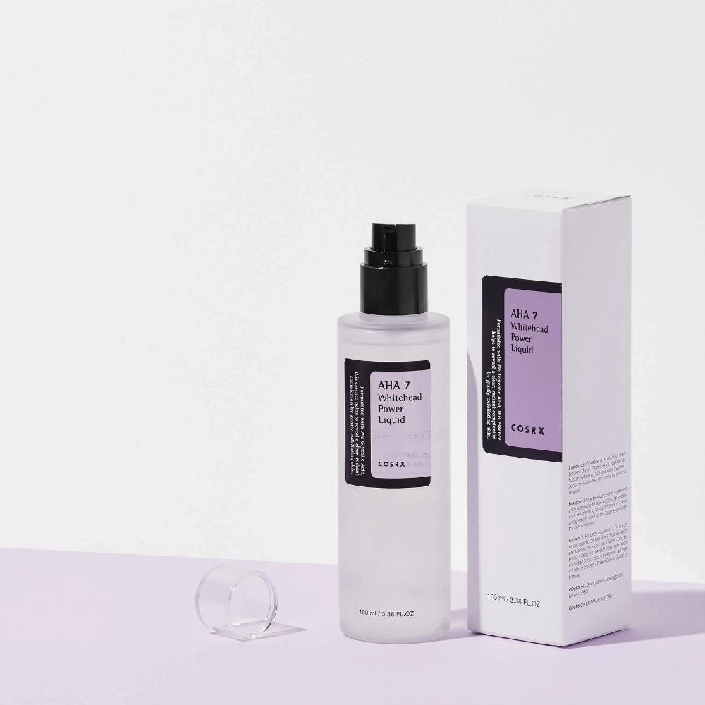 COSRX AHA 7 Whitehead Power Liquid με συσκευασία, απολεπιστική λοσιόν προσώπου με 7% AHA για την καταπολέμηση των λευκών μαύρων στιγμάτων και την εξομάλυνση του τόνου του δέρματος.