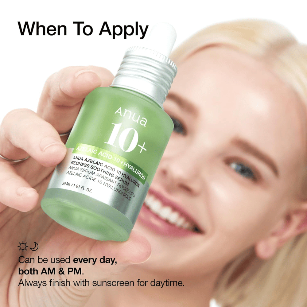 ANUA Azelaic Acid 10+ Hyaluron είναι ένας καταπραϋντικός ορός που μειώνει την ερυθρότητα και ενυδατώνει το δέρμα. Ιδανικό για καθημερινή χρήση τόσο το πρωί όσο και το βράδυ. Περιέχει αζελαϊκό οξύ και υαλουρονικό οξύ για να ισορροπήσει και να ενισχύσει τον φραγμό του δέρματος. Χρησιμοποιείτε πάντα αντηλιακό κατά τη διάρκεια της ημέρας.