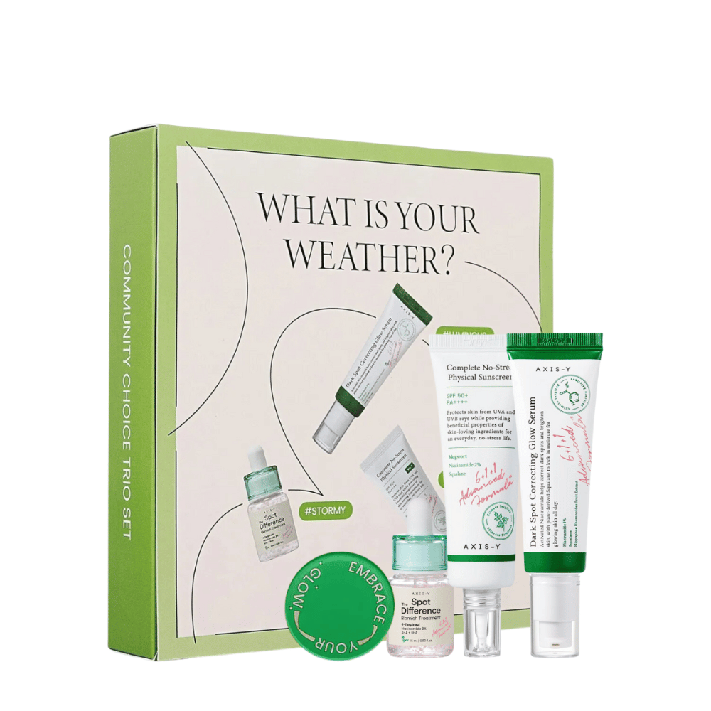 AXIS-Y "What is your weather?" το κιτ περιποίησης δέρματος σε πράσινη συσκευασία περιλαμβάνει πέντε προϊόντα: αντηλιακή κρέμα, ενυδατική κρέμα, ορό, τζελ θεραπείας και μάσκα προσώπου, προσαρμοσμένα για διαφορετικούς τύπους δέρματος και κλίματα.