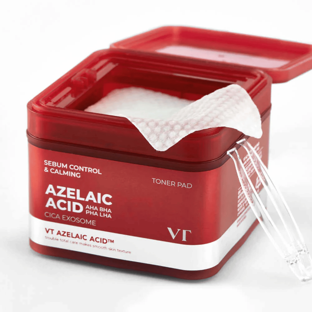 Ανοιχτό βάζο με VT Azelaic Acid Toner Pad και τσιμπιδάκι - για εύκολη και υγιεινή χρήση.