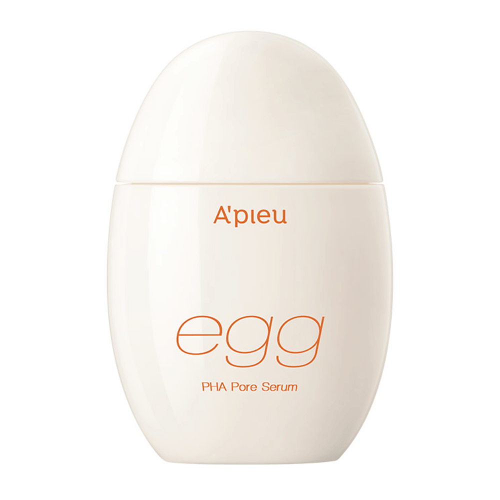 A’pieu Egg PHA Pore Serum σε ωοειδές, μπεζ συσκευασία με πορτοκαλί κείμενο – ένας κορεάτικος ορός που απολεπίζει απαλά και ελαχιστοποιεί τους πόρους.
