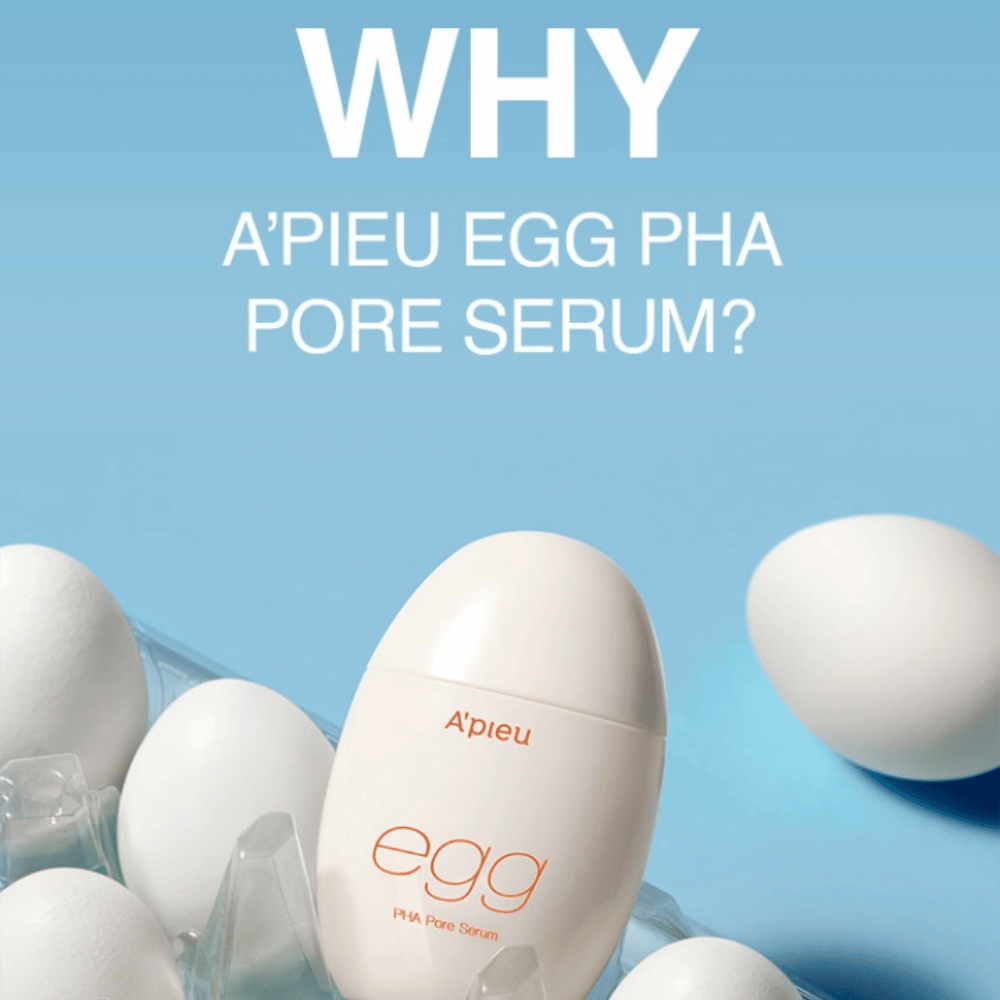 A’pieu Egg PHA Pore Serum σε ωοειδές συσκευασία ανάμεσα σε λευκά αυγά σε χαρτοκιβώτιο αυγών – ένας κορεάτικος ορός για εκλεπτυσμένους πόρους και απαλή απολέπιση.