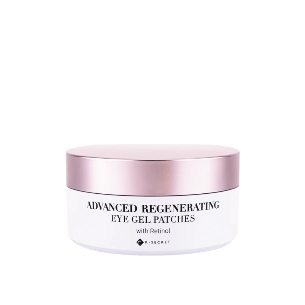 Βάζο με K-Secret Advanced Regenerating Eye Gel Patches με ρετινόλη και ροζ καπάκι.