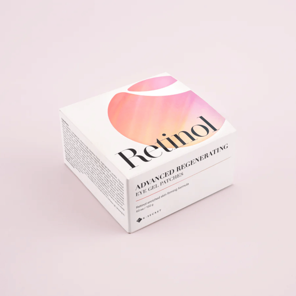 Συσκευασία του K-Secret Advanced Regenerating Eye Gel Patches με ρετινόλη σε λευκό και ροζ σχέδιο.