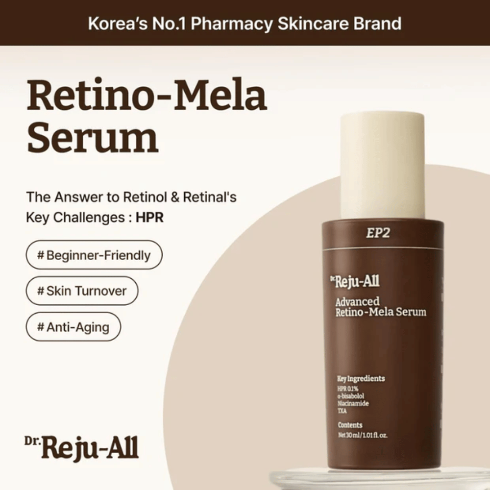 Dr. Reju-All Advanced Retino-Mela Serum EP2 – εναλλακτική λύση ρετινόλης με βάση το HPR που είναι πιο ήπια από τη ρετινόλη και τη ρετινάλη, αναπτυγμένη για ομοιόμορφο τόνο δέρματος, ανανέωση δέρματος και αντιγήρανση.