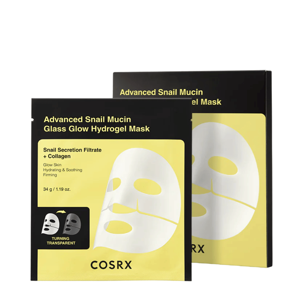 Συσκευασία του COSRX Advanced Snail Mucin Glass Glow Hydrogel Mask – ενυδατική μάσκα με έκκριμα σαλιγκαριού και κολλαγόνο.
