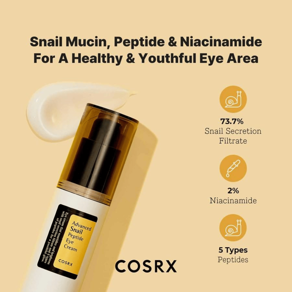 COSRX Advanced Snail Peptide Eye Cream 25 ml με βλέννα σαλιγκαριού, πεπτίδια και νιασιναμίδη για πιο σφριγηλή επιδερμίδα και ομοιόμορφο τόνο δέρματος γύρω από τα μάτια