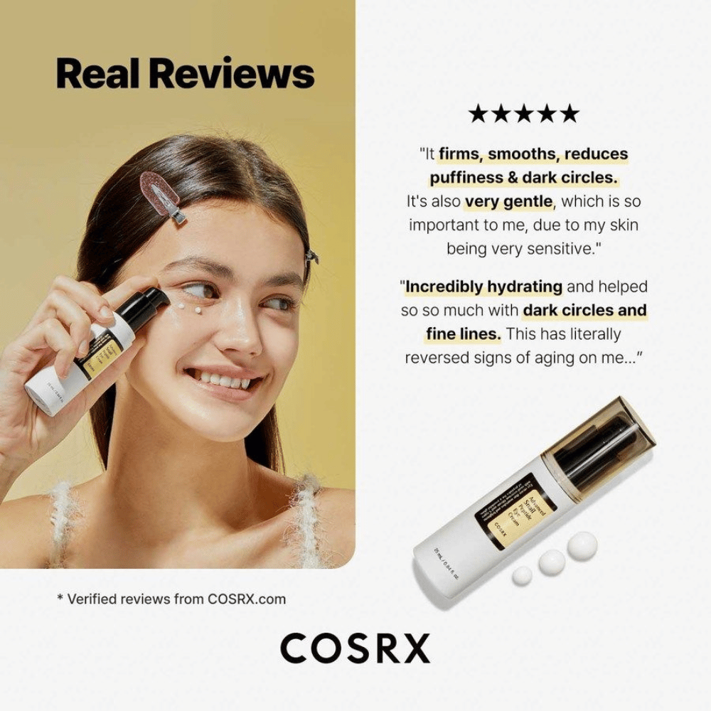 COSRX Advanced Snail Peptide Eye Cream εφαρμόζεται κάτω από τα μάτια – κρέμα ματιών με 73,7% βλέννα σαλιγκαριού και πεπτίδια κατά των μαύρων κύκλων, του πρηξίματος και των λεπτών γραμμών