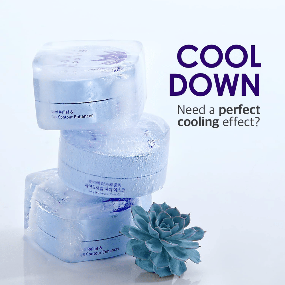 Διαφημιστική εικόνα του PETITFEE Agave Cooling Hydrogel Eye Mask με παγωμένο και δροσιστικό θέμα. Η εικόνα αναδεικνύει τη δροσιστική επίδραση του προϊόντος και την αίσθηση φρεσκάδας για κουρασμένα μάτια.