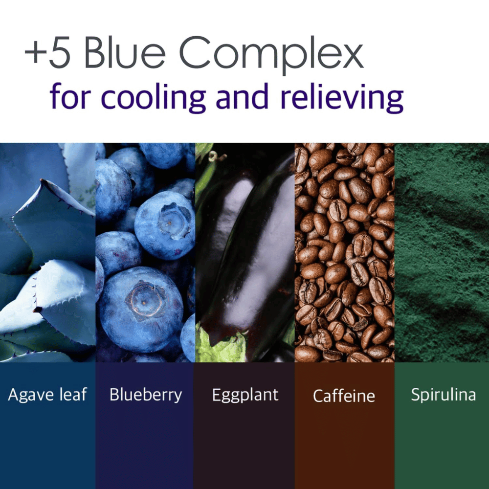 Ενημερωτική εικόνα για το “5 Blue Complex” με συστατικά όπως φύλλα αγαύης, μύρτιλο, μελιτζάνα, καφεΐνη και σπιρουλίνα. Η έμφαση δίνεται στις δροσιστικές και καταπραϋντικές ιδιότητες για την επιδερμίδα.
