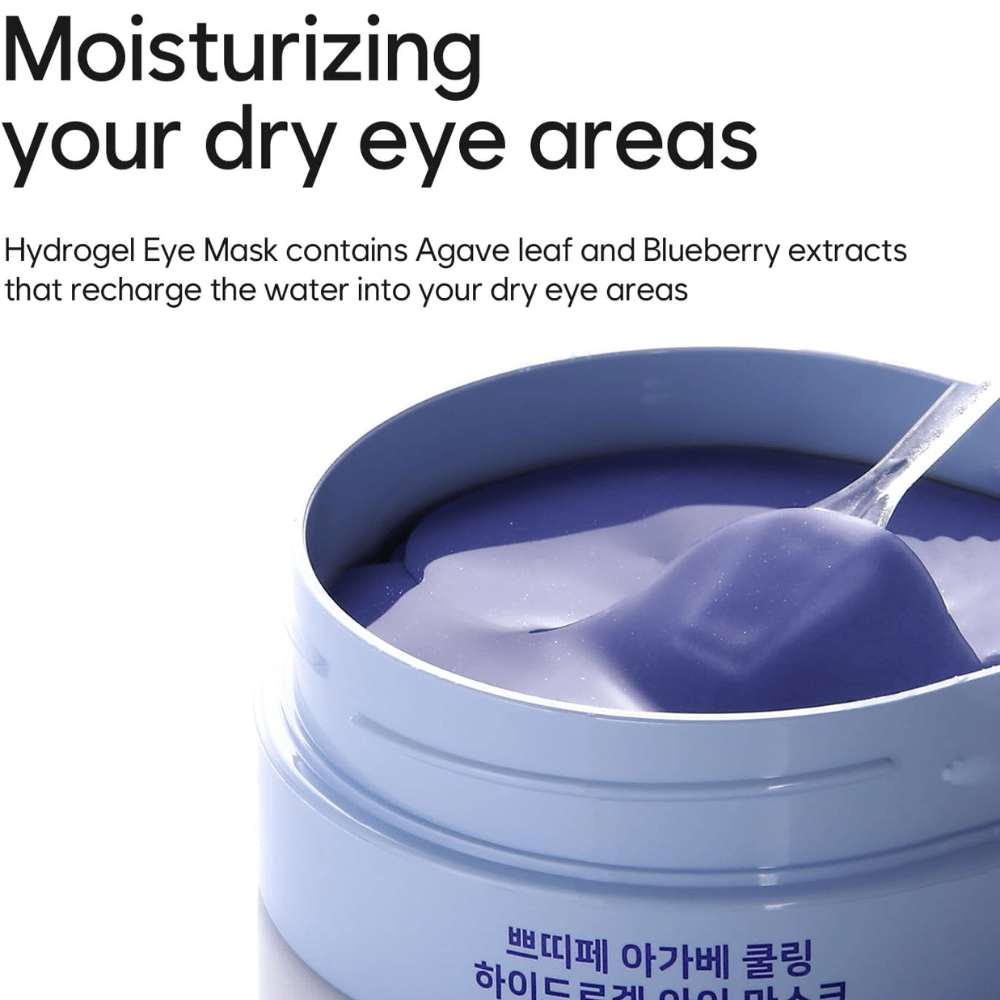 Εικόνα προϊόντος του Agave Cooling Hydrogel Eye Mask με έμφαση στην ενυδάτωση των ξηρών περιοχών γύρω από τα μάτια. Η εικόνα δείχνει τη φόρμουλα υδρογέλης και τη συνοδευτική σπάτουλα.