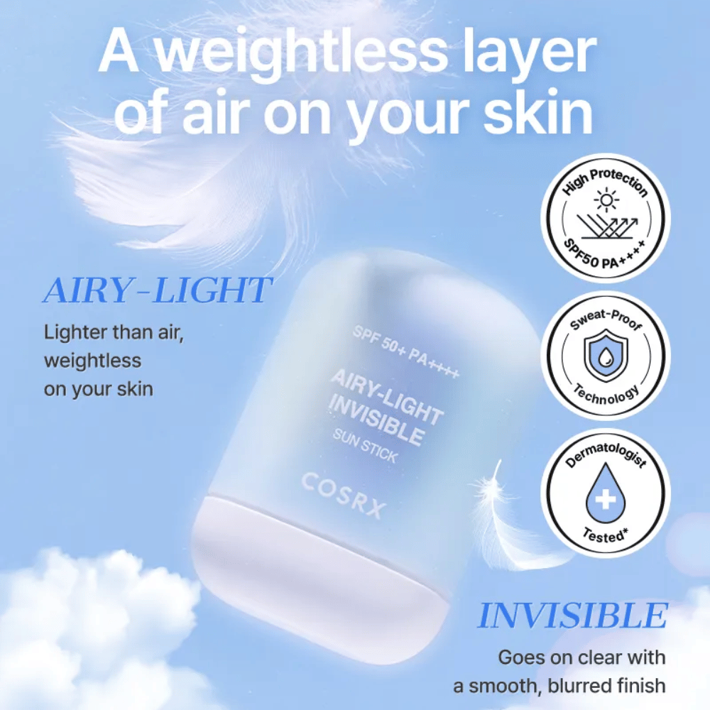 COSRX Airy-Light Invisible Sun Stick – εξαιρετικά ελαφριά αντηλιακή προστασία με SPF 50+ και PA++++, προσφέρει αίσθηση χωρίς βάρος και αόρατο τελείωμα.