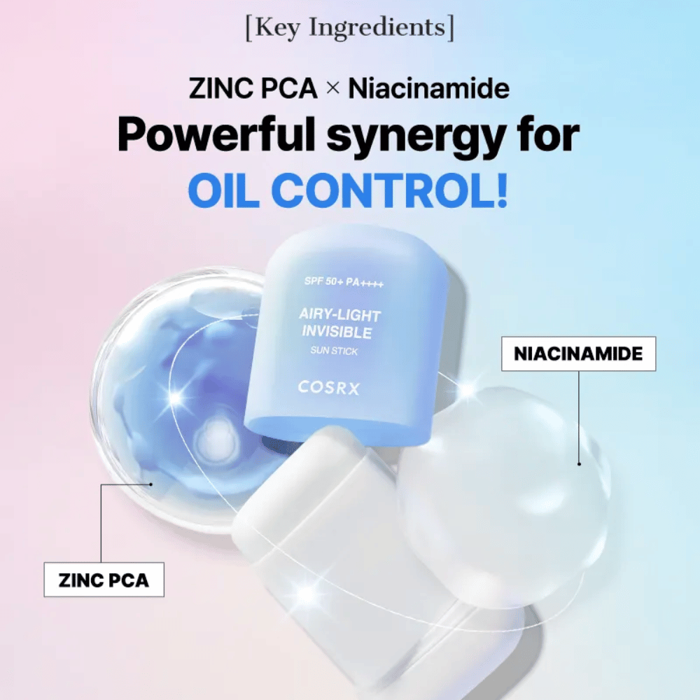 Βασικά συστατικά στο COSRX Airy-Light Invisible Sun Stick – Zink PCA και Niacinamid για αποτελεσματικό έλεγχο του σμήγματος και καθαρό δέρμα.