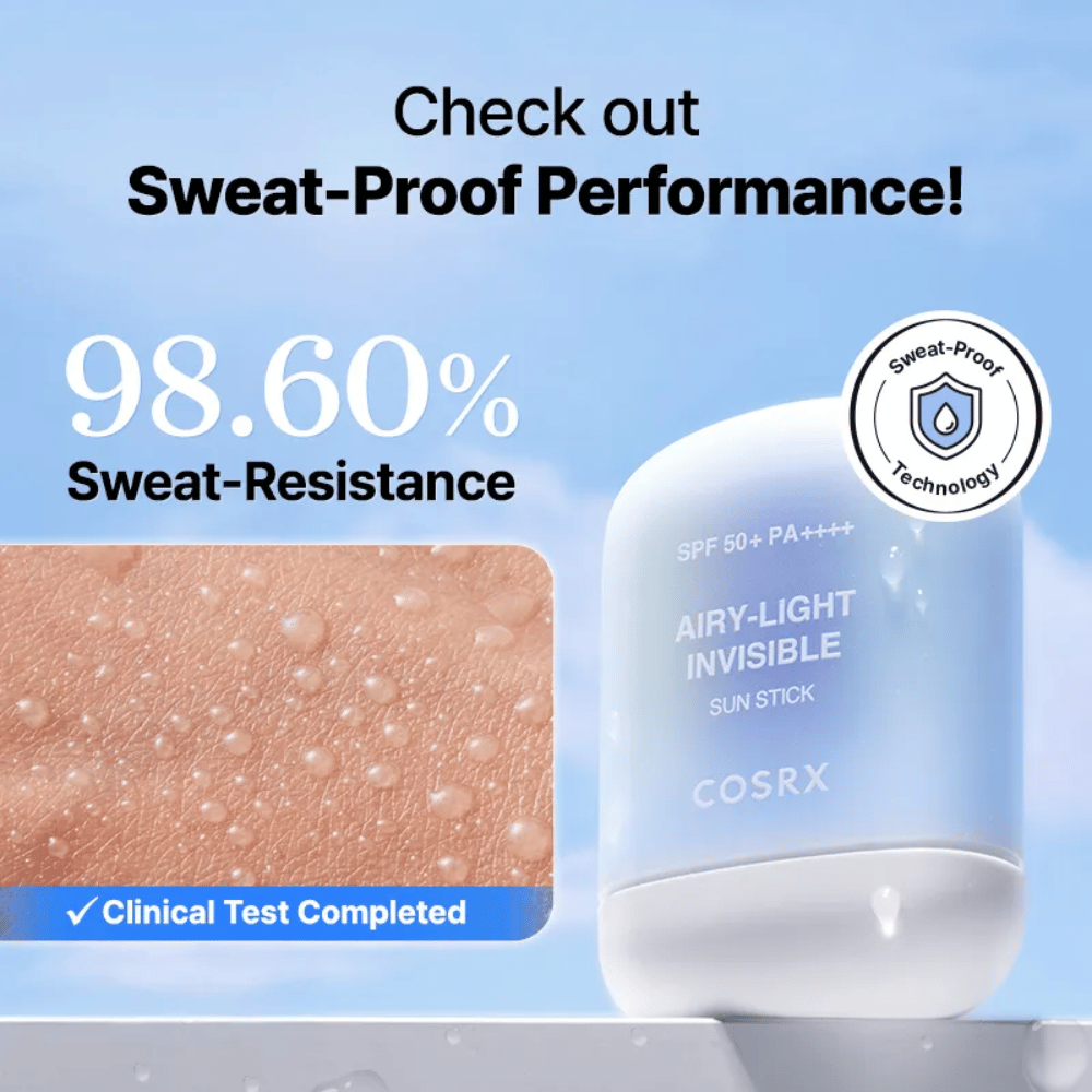 COSRX Airy-Light Invisible Sun Stick με 98,6 % αντοχή στον ιδρώτα – αποδεδειγμένη τεχνολογία αντοχής στον ιδρώτα για μακροχρόνια προστασία.