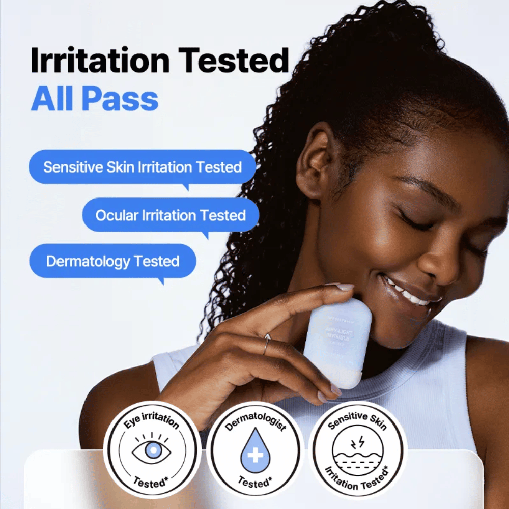 Κλινικά δοκιμασμένο COSRX Airy-Light Invisible Sun Stick – δοκιμασμένο για ευαίσθητο δέρμα, ερεθισμό ματιών και δερματολογικά εγκεκριμένο.