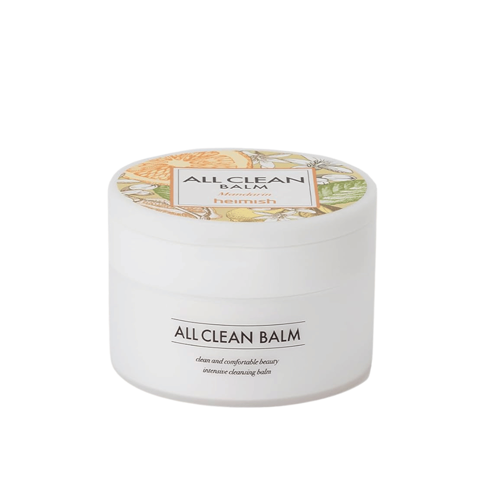 Ένα βάζο από Heimish All Clean Balm με άρωμα μανταρίνι, ένα εντατικό καθαριστικό balm, με μια πολύχρωμη ετικέτα και λευκή συσκευασία.