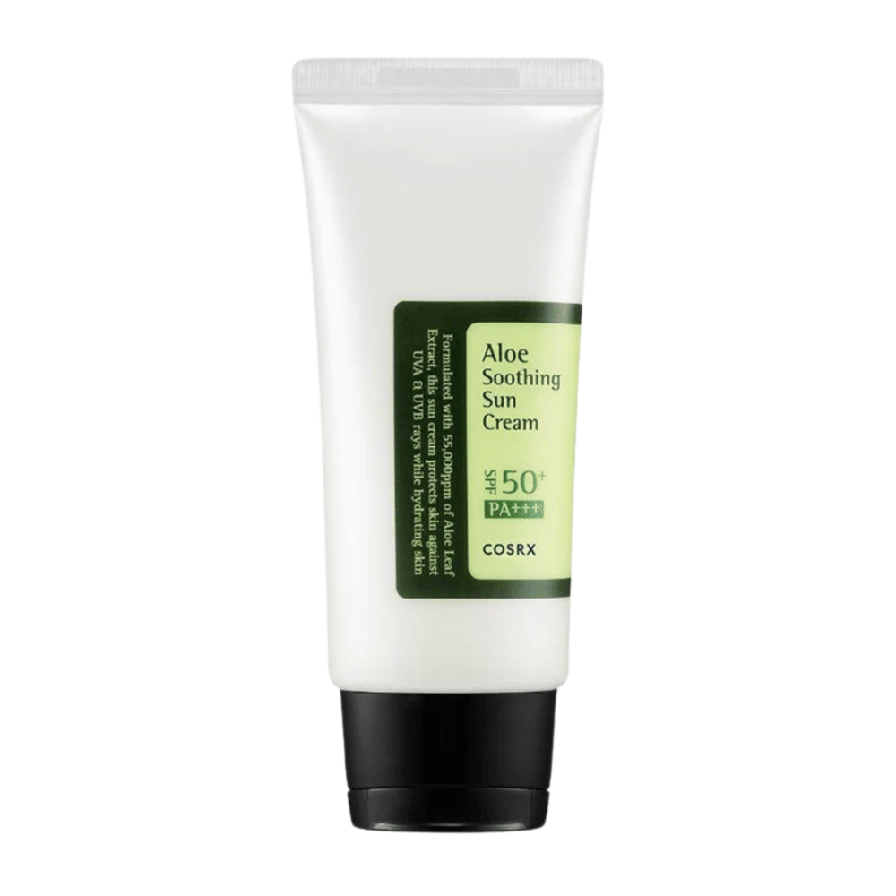 COSRX Aloe Soothing Sun Cream SPF 50+ PA+++ σε λευκό σωληνάριο με μαύρο καπάκι – αντηλιακή κρέμα με αλόη βέρα που προστατεύει και καταπραΰνει το δέρμα.