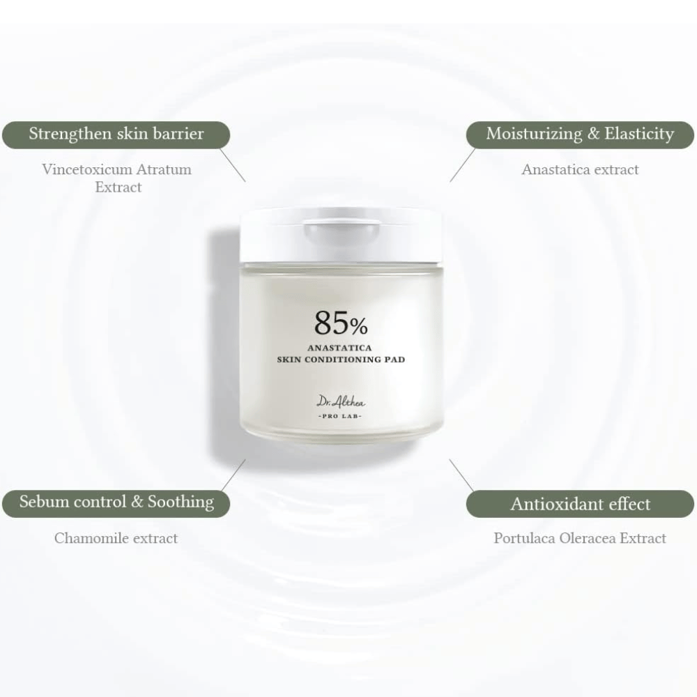 Dr. Althea 85% Anastatica Skin Conditioning Pad με εκχύλισμα Anastatica, χαμομήλι, γλιστρίδα και εκχύλισμα Vincetoxicum που ενισχύουν τον επιδερμικό φραγμό και καταπραΰνουν την επιδερμίδα.