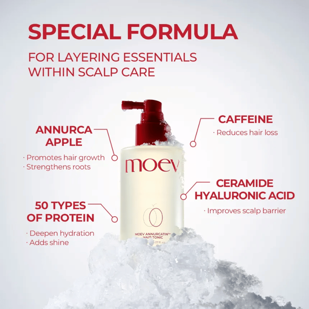 MOEV Annurcatin Hair Tonic – προηγμένη φόρμουλα με μήλο Annurca, καφεΐνη και υαλουρονικό οξύ που ενισχύει τα μαλλιά και το τριχωτό της κεφαλής.